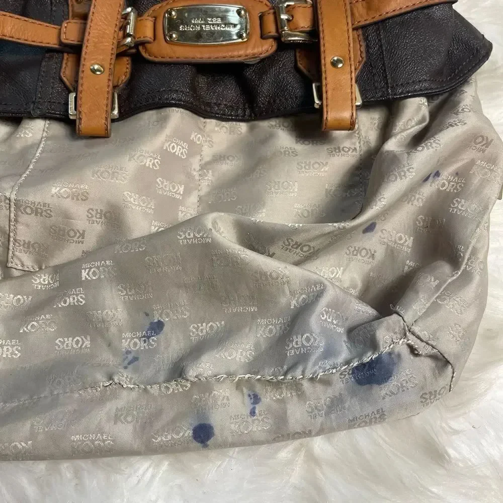 Michael Kors Brown coated canvas& tan leather straps &trims large shoulder bag.